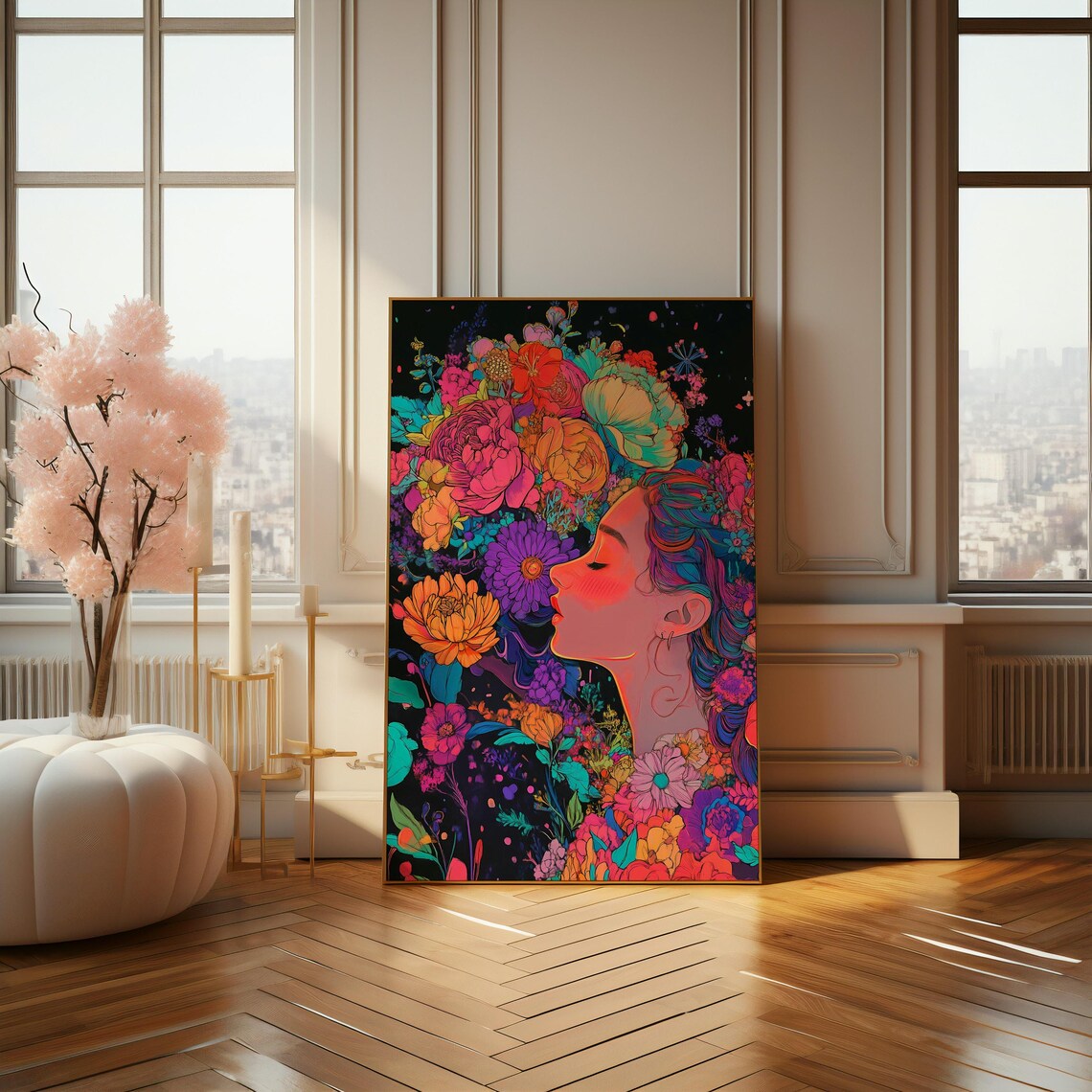 Neon Floral Woman Profile In Vibrant Pop Art Portrait Poster - Image 4
