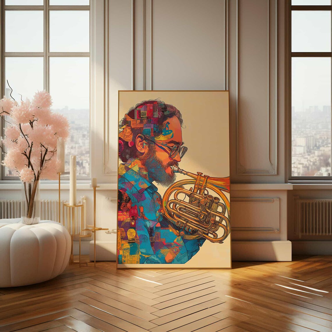 Abstract Colorful Jazz Musician Playing French Horn Geometric Style Wall Art - Image 4