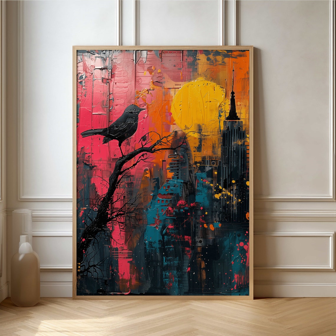 Blackbird Silhouette Over Sunset City Skyline Abstract Poster