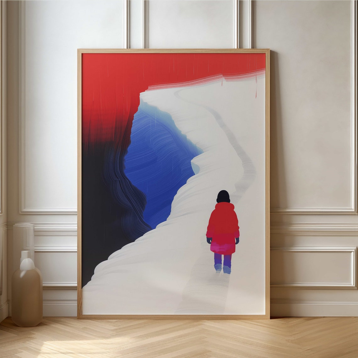 Child In Red Coat Walking Snowy White Dune Landscape Art Poster
