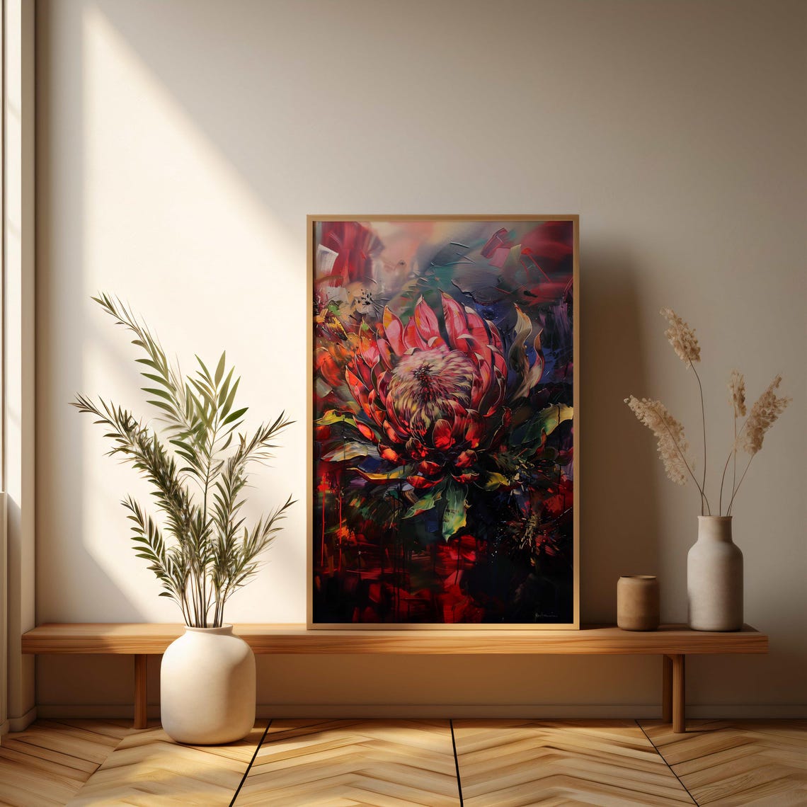 Red King Protea Thick Impasto Brushwork on a Moody Dark Poster - Image 3