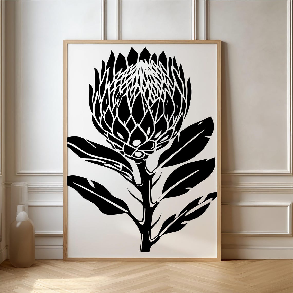 Bold Black Protea Silhouette Graphic Linocut Style Botanical Poster