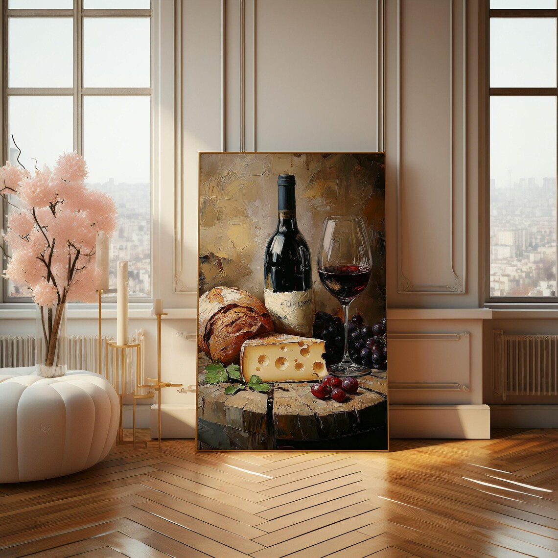 Red Wine Bottle Glass Bread And Cheese Still Life Rustic Oil Painting Poster - Image 4