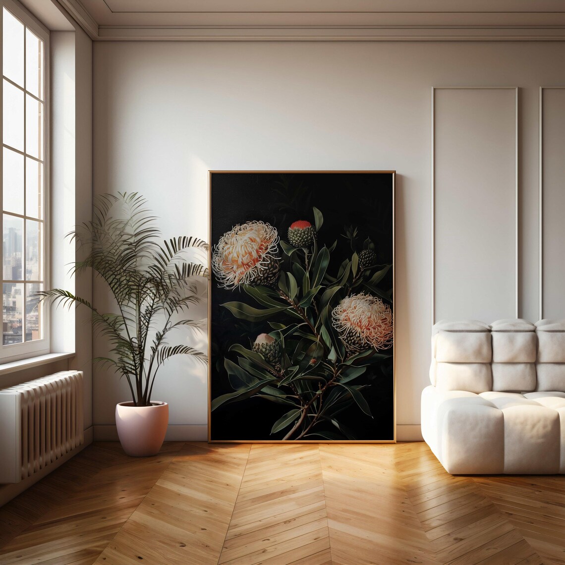 Cream Pincushion Protea Black Still Life Oil Painting Poster - Image 2