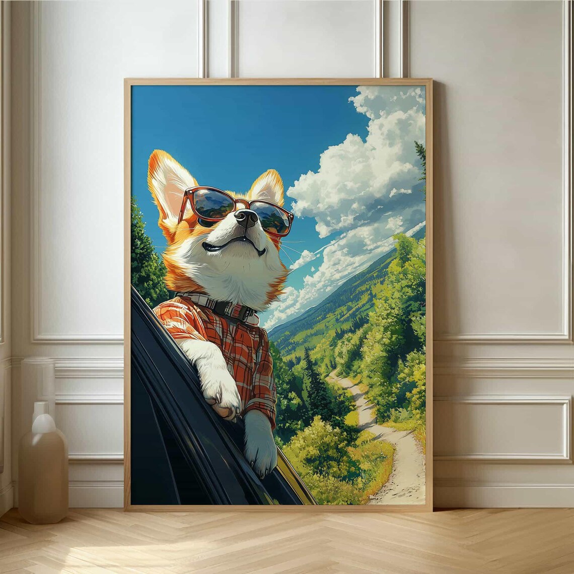 Smiling Corgi In Sunglasses And Plaid Shirt Mountain Road Trip Poster