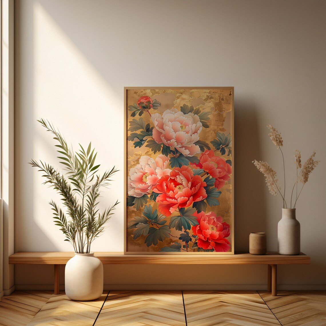 Red and Pink Peonies on a Gold Leaf Background Floral Art Poster - Image 3
