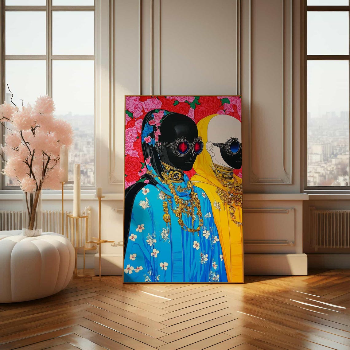 Bold Pop Art Duo in Steampunk Goggles Against Pink Roses Poster - Image 4
