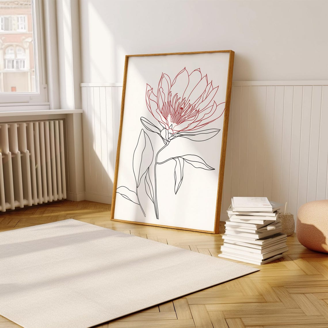Single Protea Flower Minimal Red Line Drawing Modern Art Poster - Image 5