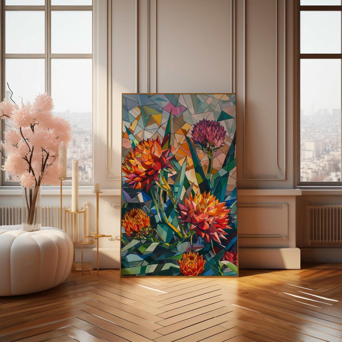 Glowing Stained Glass Protea Flowers Orange Geometric Mosaic Poster - Image 4