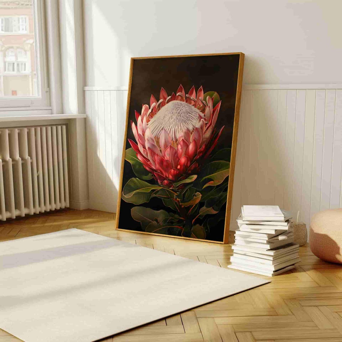 Realistic King Protea Bloom on Dark Dramatic Background Poster - Image 4