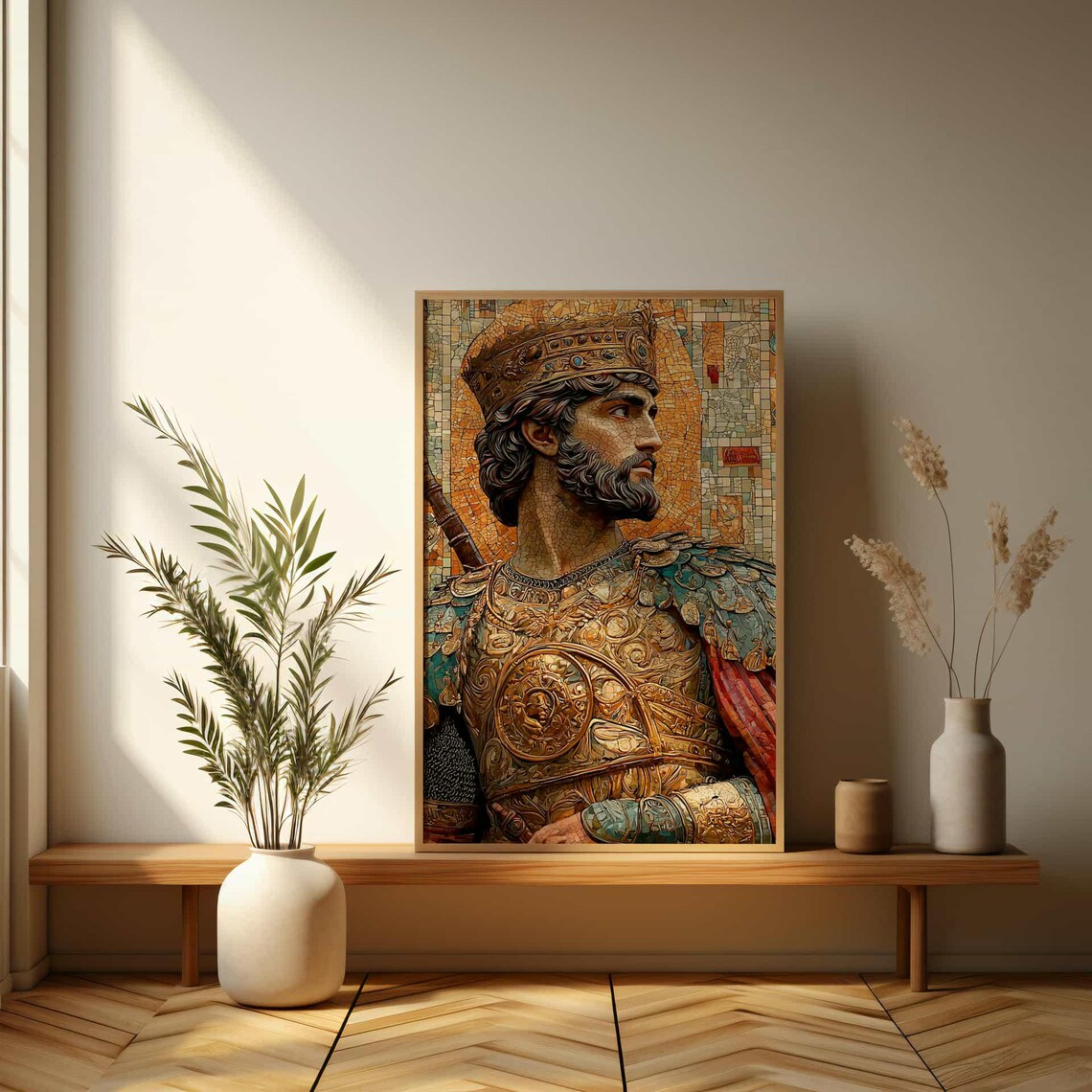 Byzantine Style Crowned Emperor In Golden Armor Mosaic Portrait Poster - Image 3