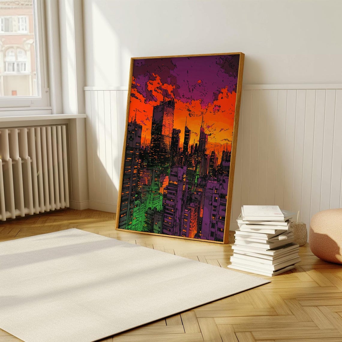 Colorful Neon City Skyline at Sunset Graphic Urban Art Poster - Image 5