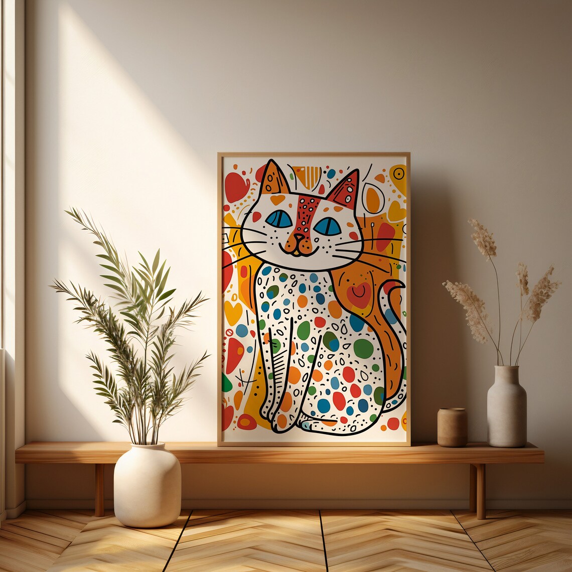 Simple Cat Doodle Art Print, Colorful Shapes and Polka Dots - Image 3