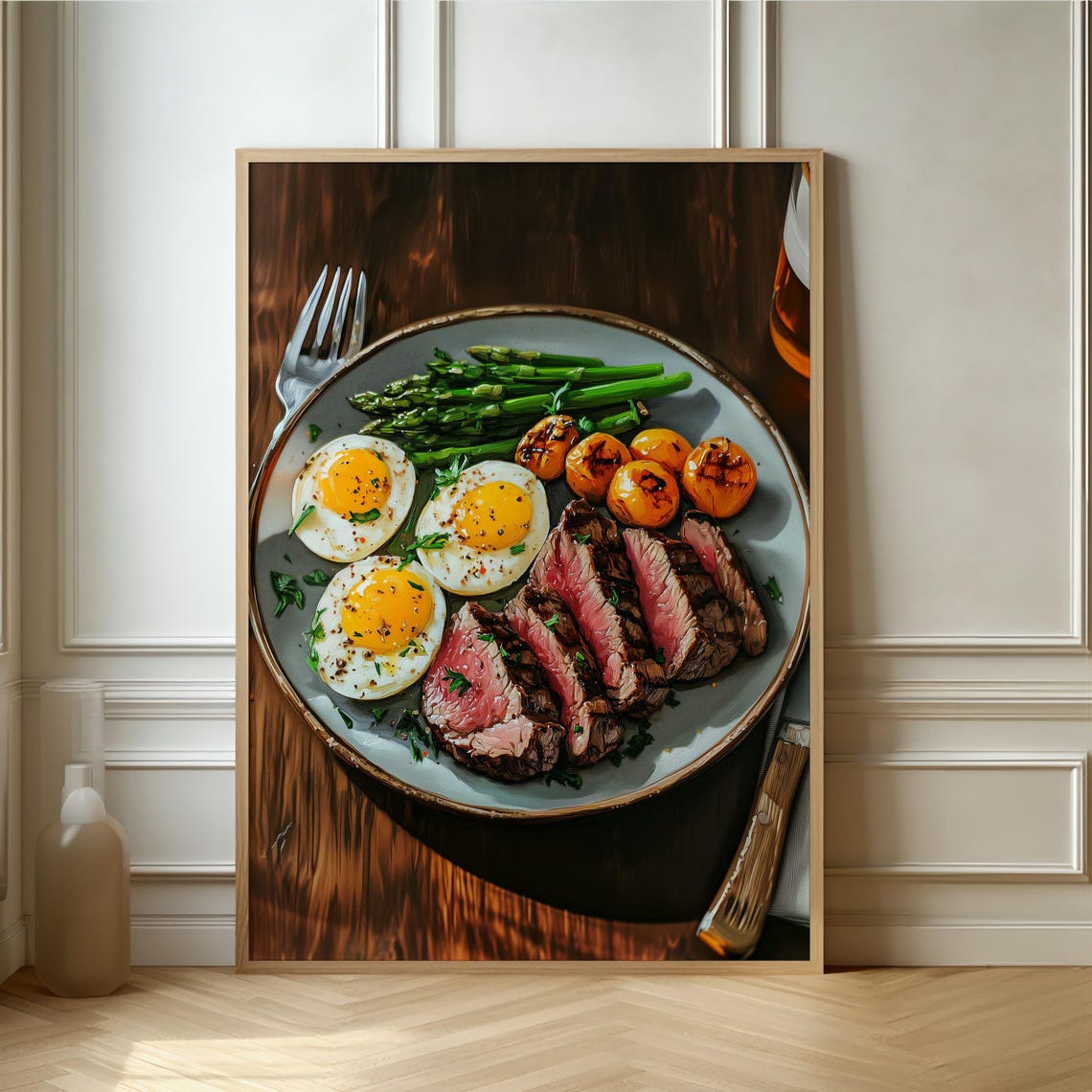 Sliced Steak and Fried Eggs Gourmet Breakfast Plate Art Poster