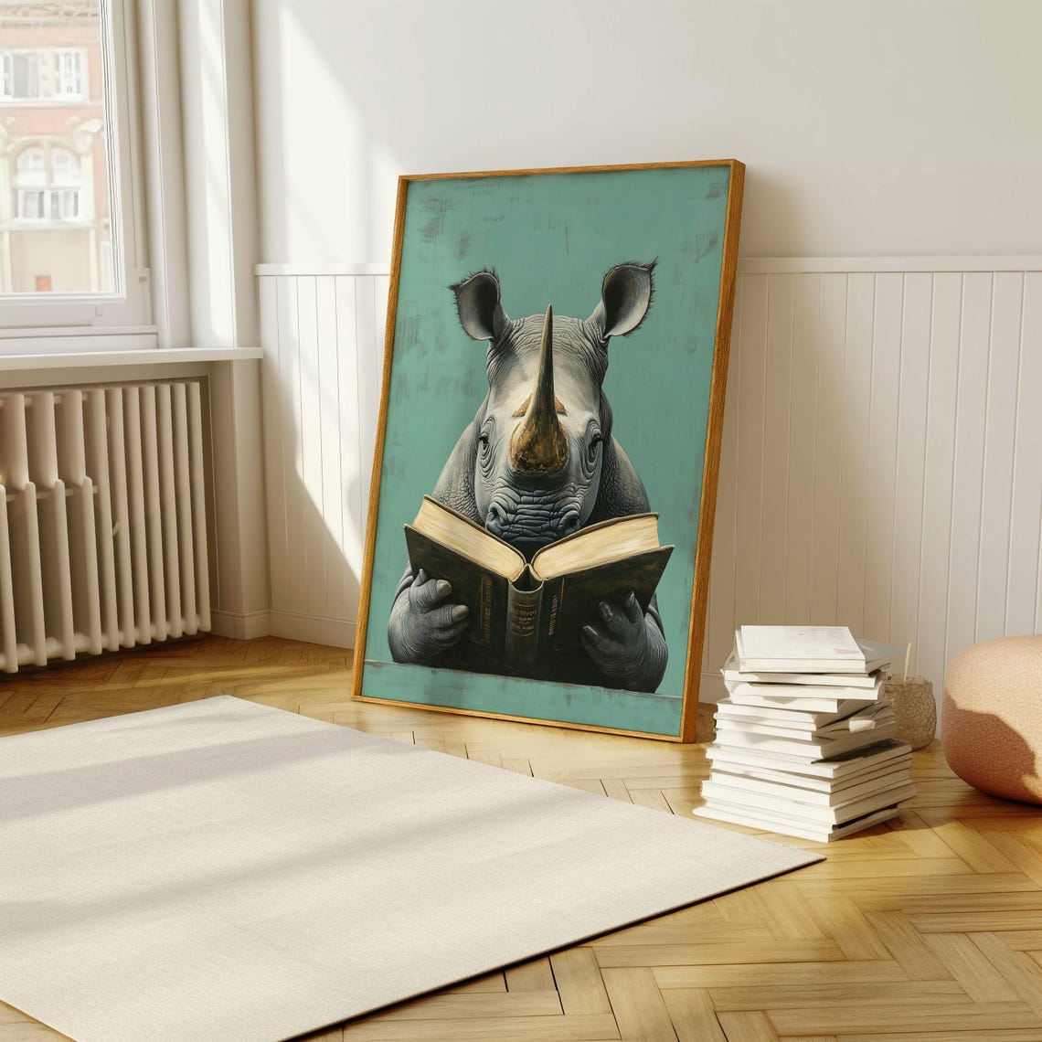Intellectual Rhino Reading Book Whimsical Teal Animal Portrait Poster - Image 5