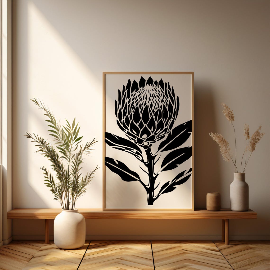 Bold Black Protea Silhouette Graphic Linocut Style Botanical Poster - Image 3