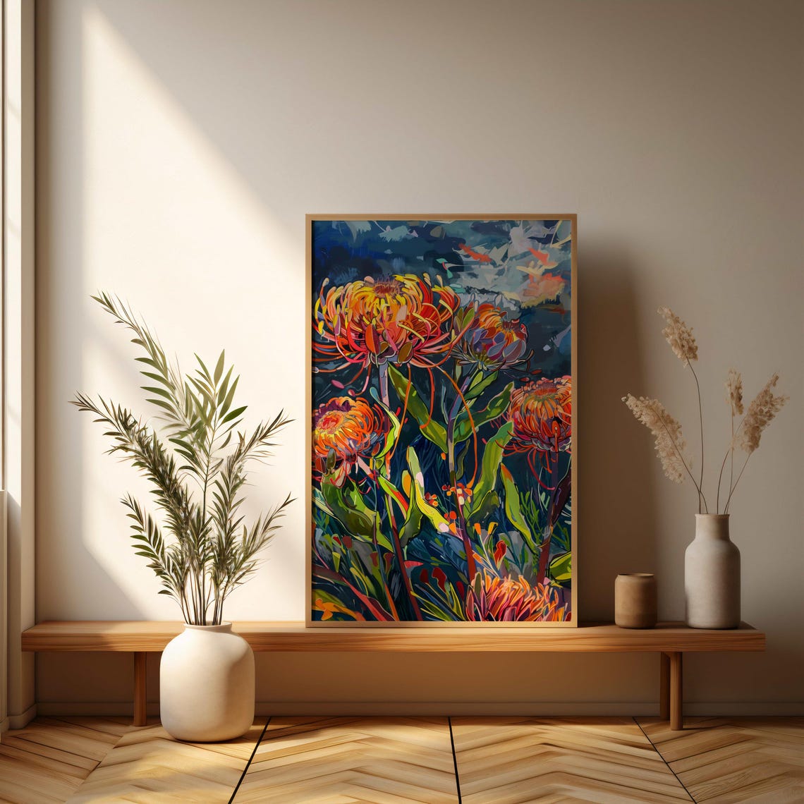 Fiery Protea Pincushion Flowers Night Sky Expressionist Poster - Image 3