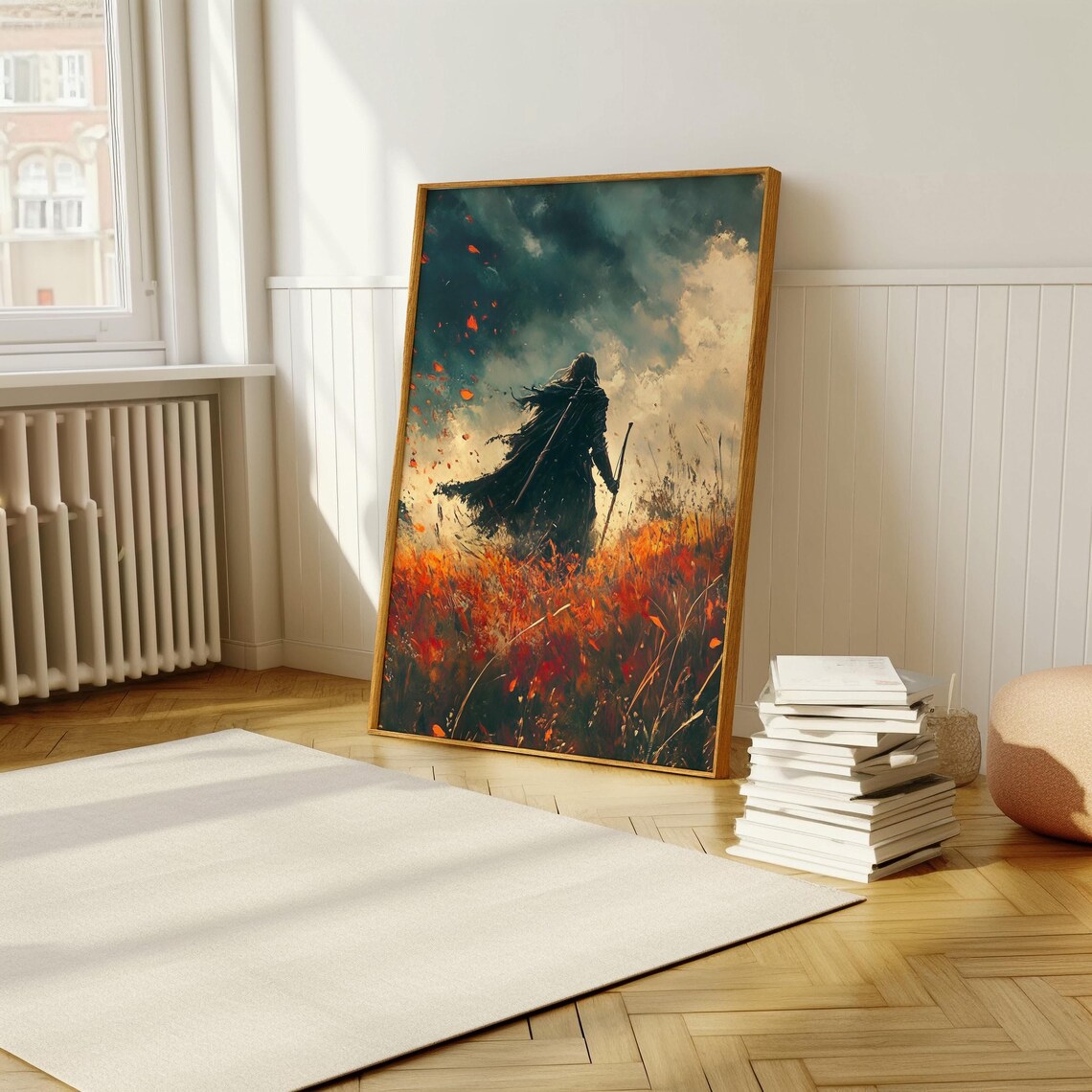Dark Fantasy Warrior Walking Through Fiery Field Epic Art Poster - Image 5