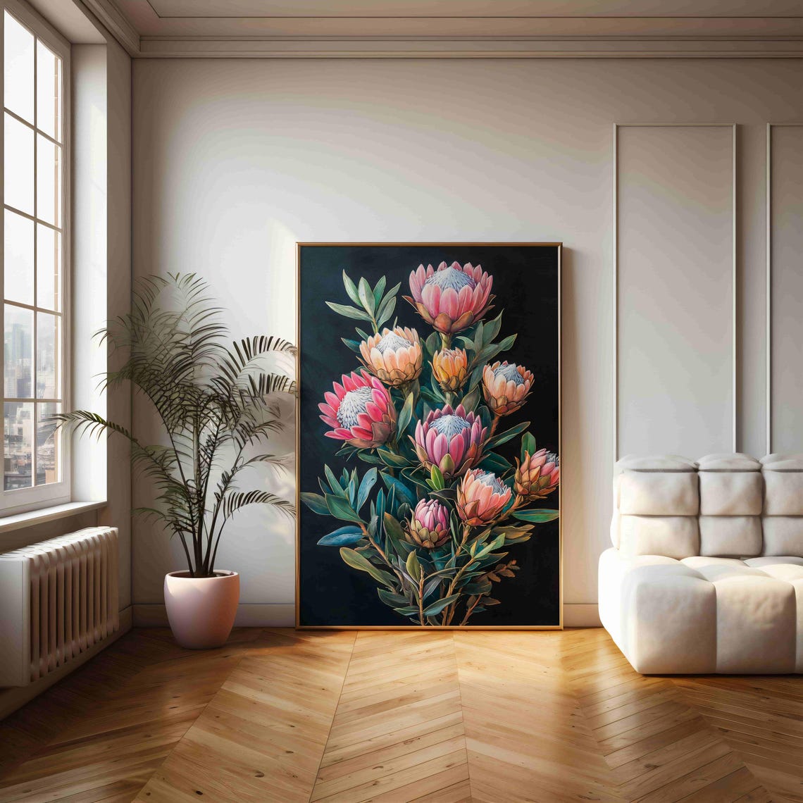 King Protea Flowers Bouquet On Black Exotic Botanical Art Print - Image 2