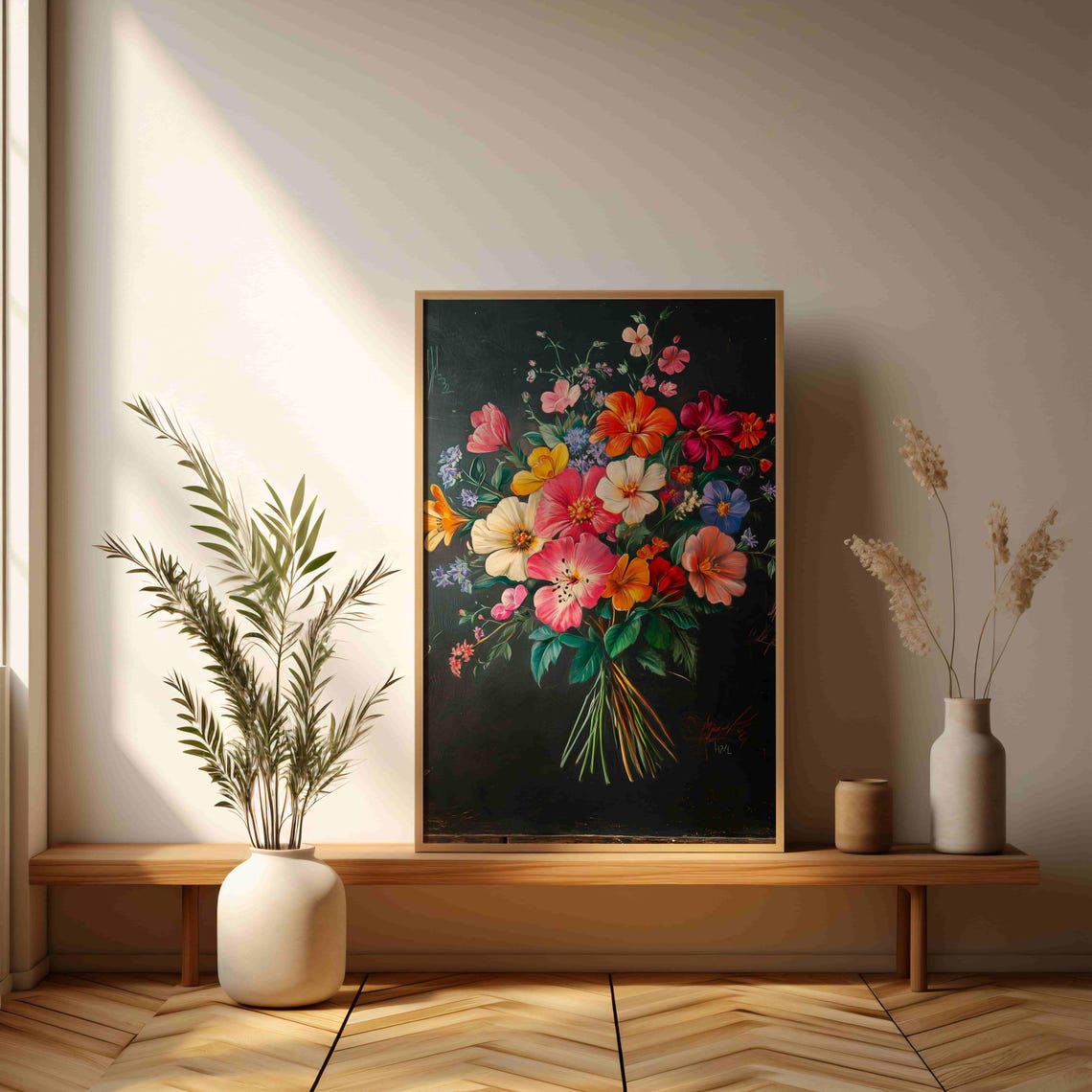 Bright Wildflower Bouquet On Dark Board Watercolor Art Print - Image 3