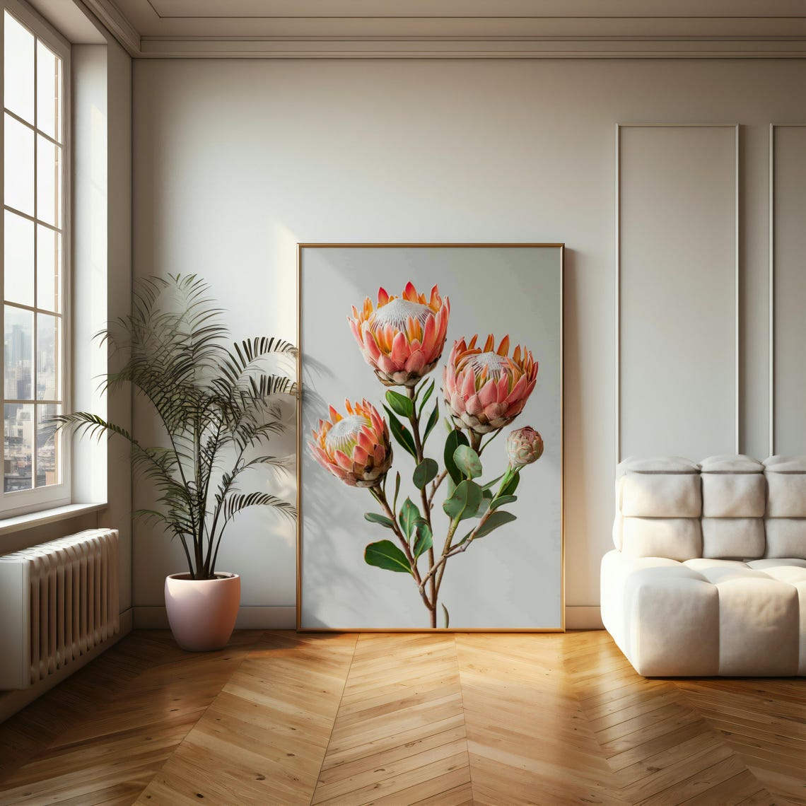 Pink King Protea Stems On White Minimalist Botanical Art Print - Image 2