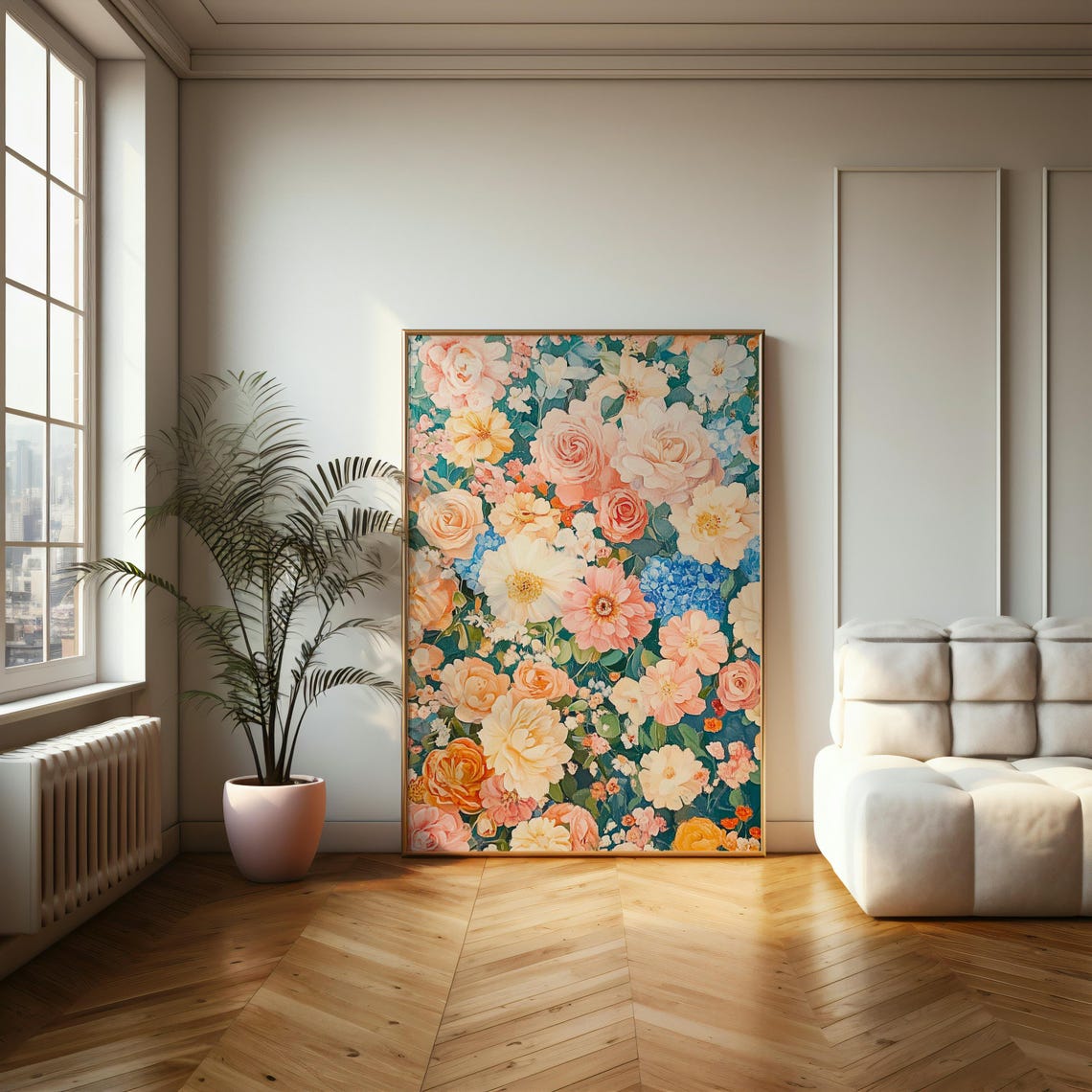 Peach Roses and Peonies Dense Floral Pattern Botanical Wall Poster - Image 2
