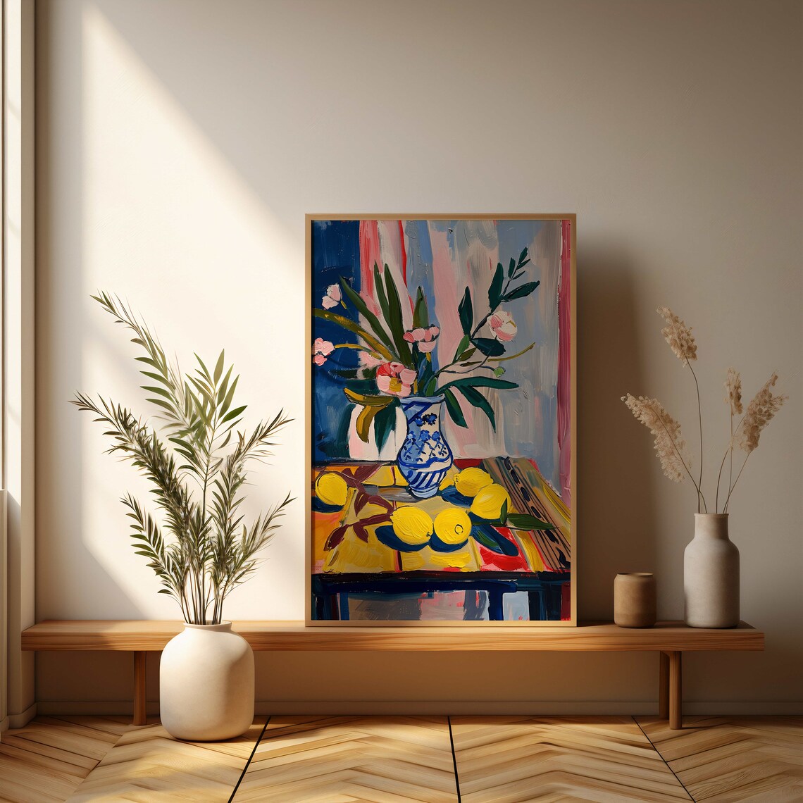 Lemons And Flowers In Blue Vase Colorful Still Life Painting Poster - Image 3