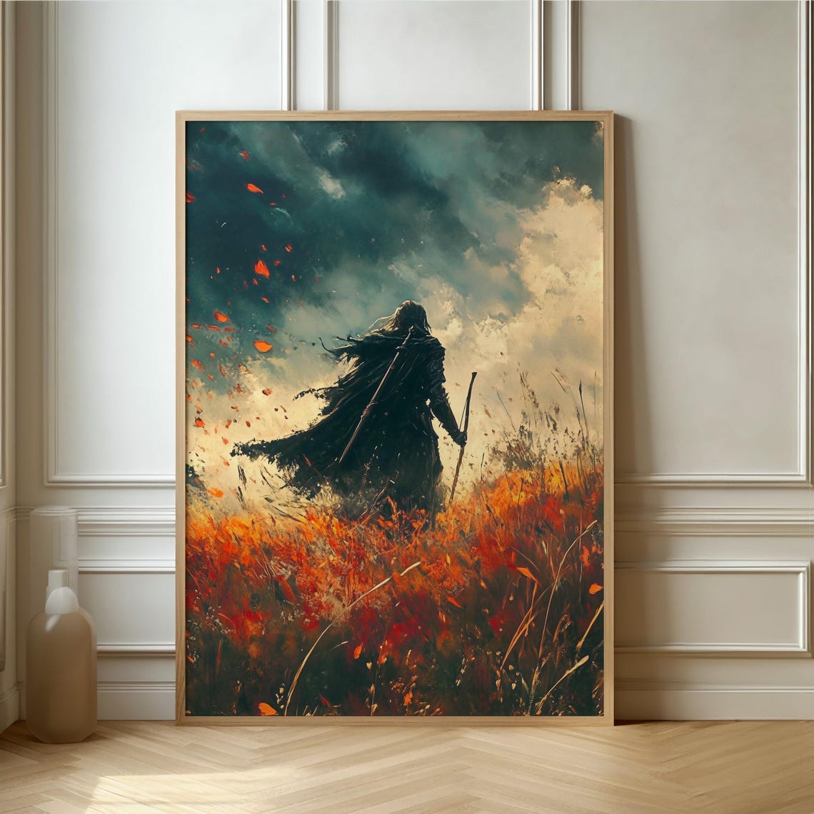 Dark Fantasy Warrior Walking Through Fiery Field Epic Art Poster