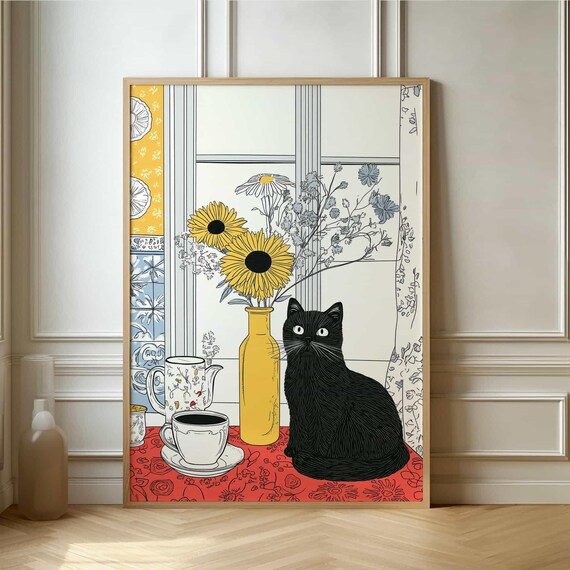 Black Cat with Coffee and Sunflowers Charming Window Scene Poster