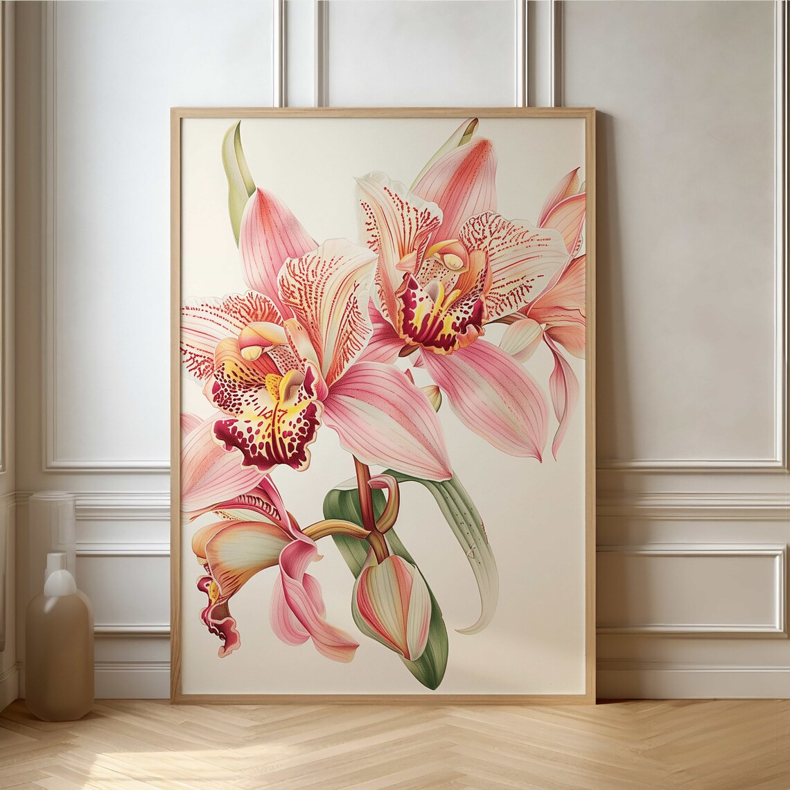 Pink Orchid Blossoms Botanical Watercolor Flower Garden Poster