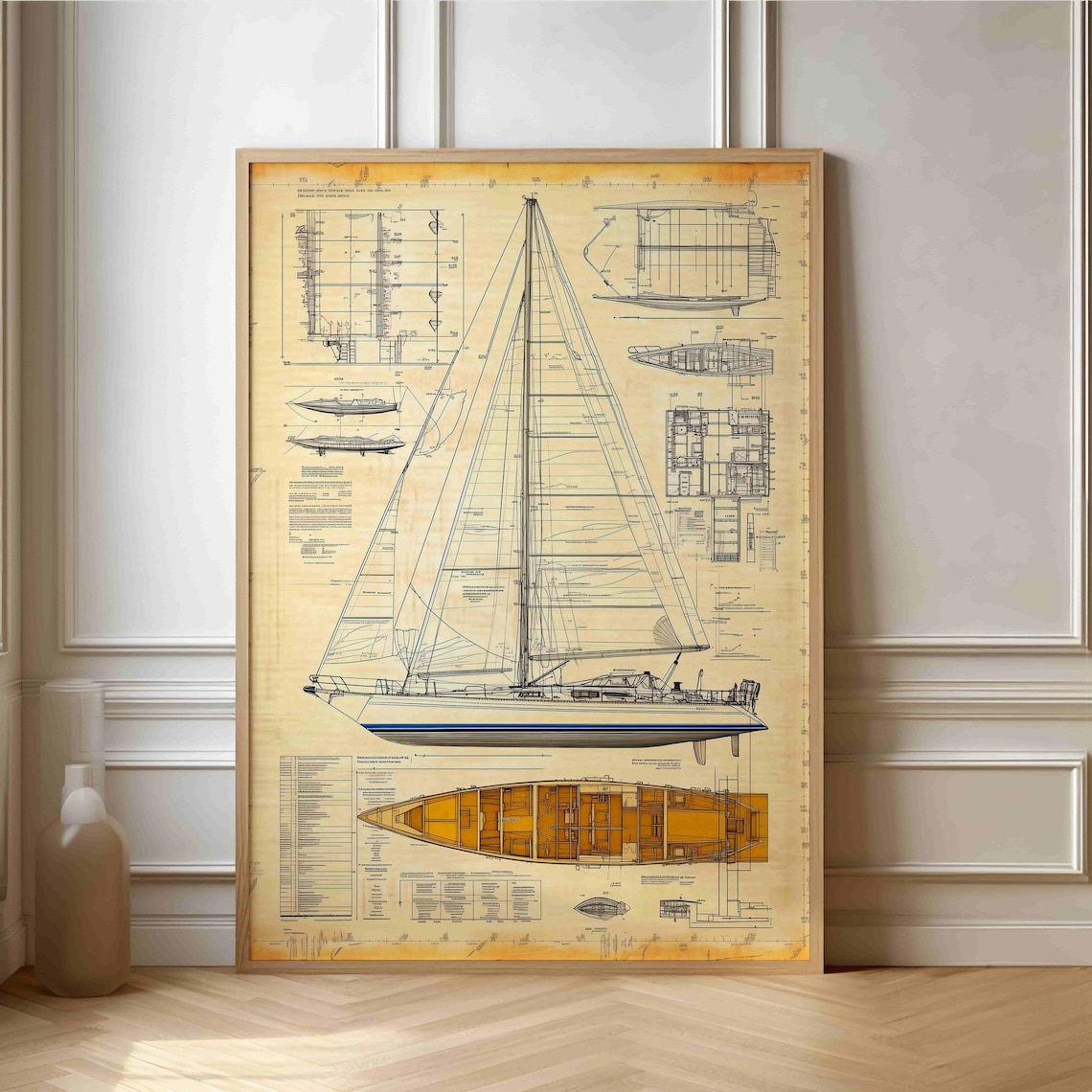 Vintage Yacht Blueprint, Nautical Sailing Art Print