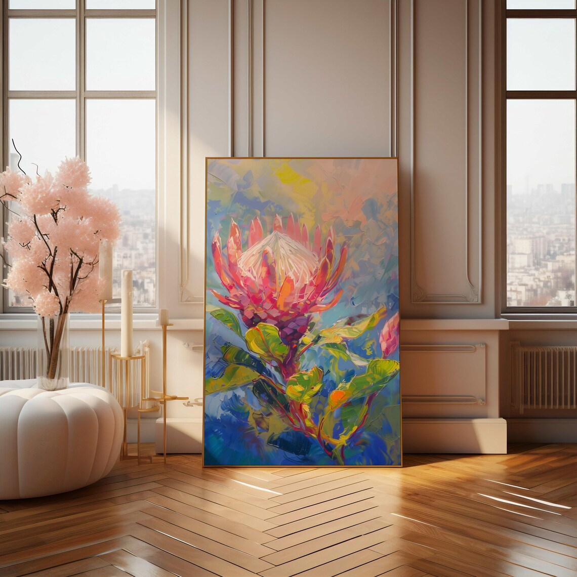 Pastel Pink King Protea Impressionist Soft Floral Art Poster - Image 4