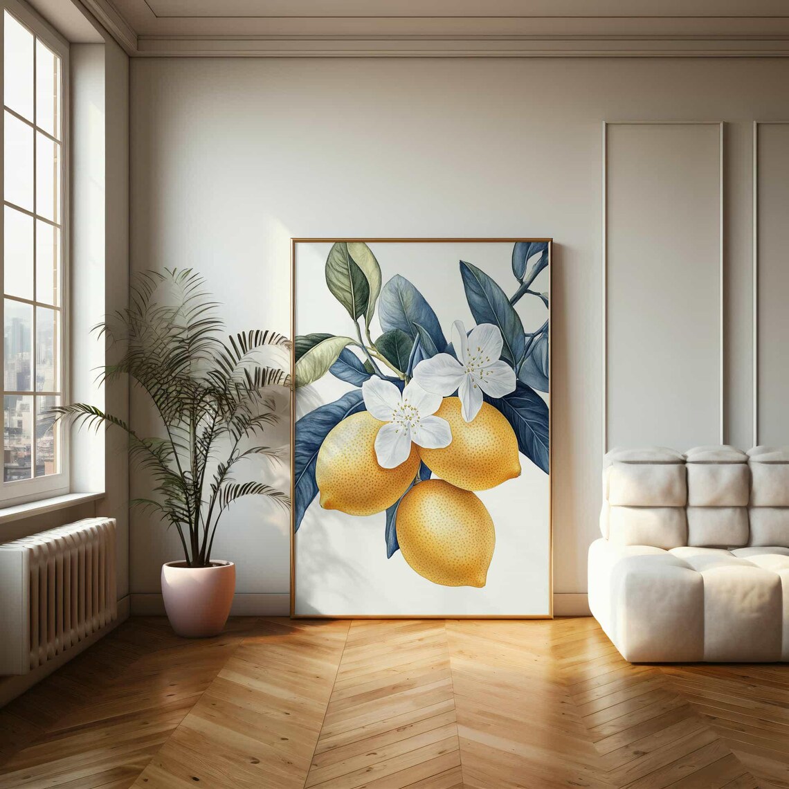 Yellow Lemon Branch with Blossoms Botanical Watercolor Art Poster - Image 2
