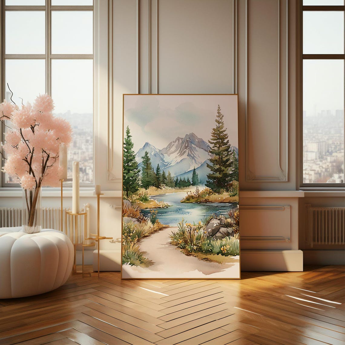 Watercolor Mountain Lake Pine Forest Path Landscape Wall Art - Image 4