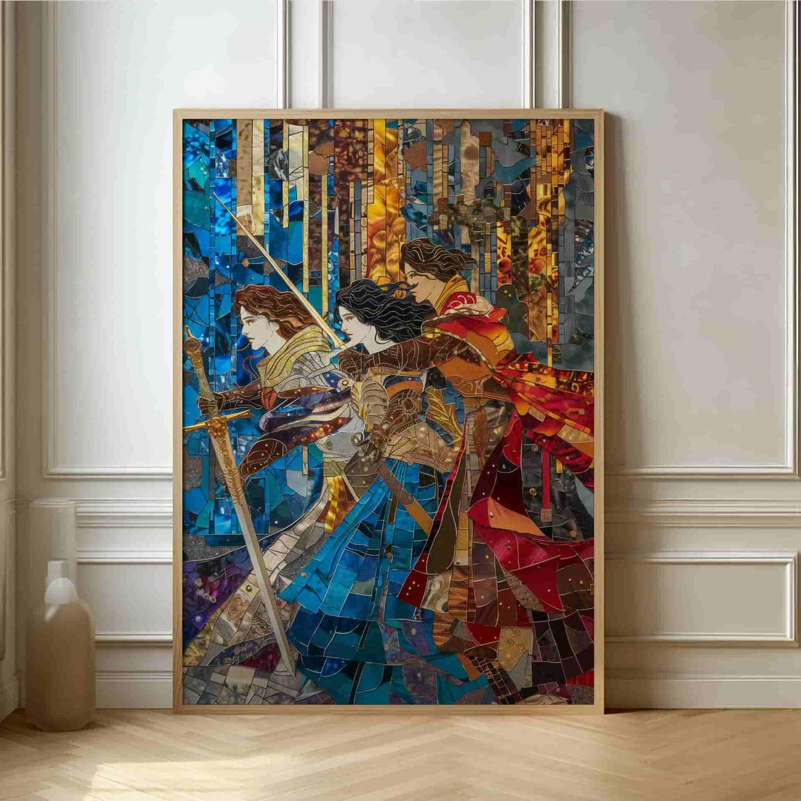 Epic Fantasy Warriors Stained Glass Style Mosaic Battle Poster
