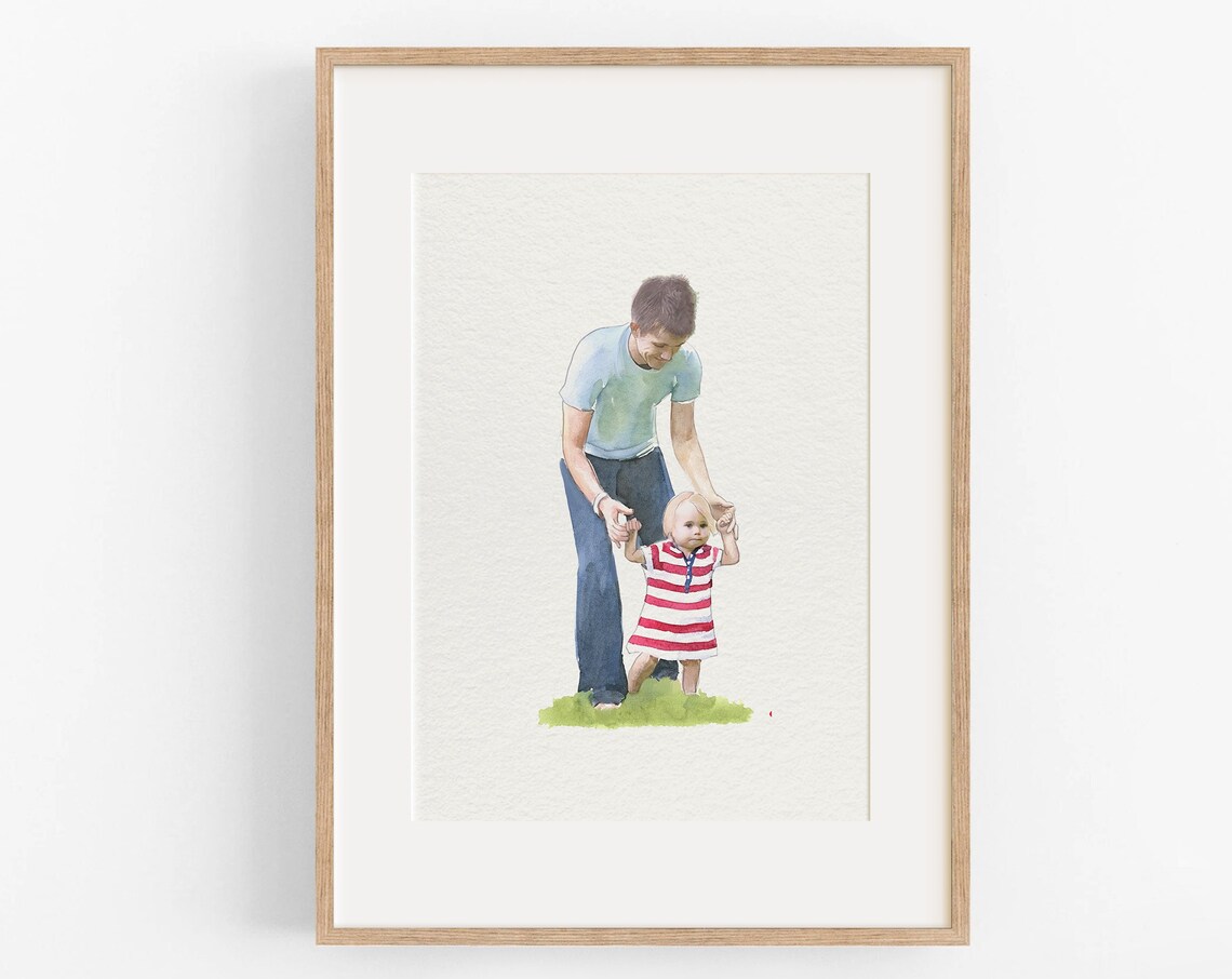 Father Teaching Toddler to Walk Watercolor Portrait Gift Poster