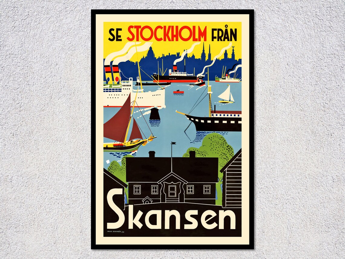 Vintage Skansen Sweden Travel Poster, Nordic Art Print