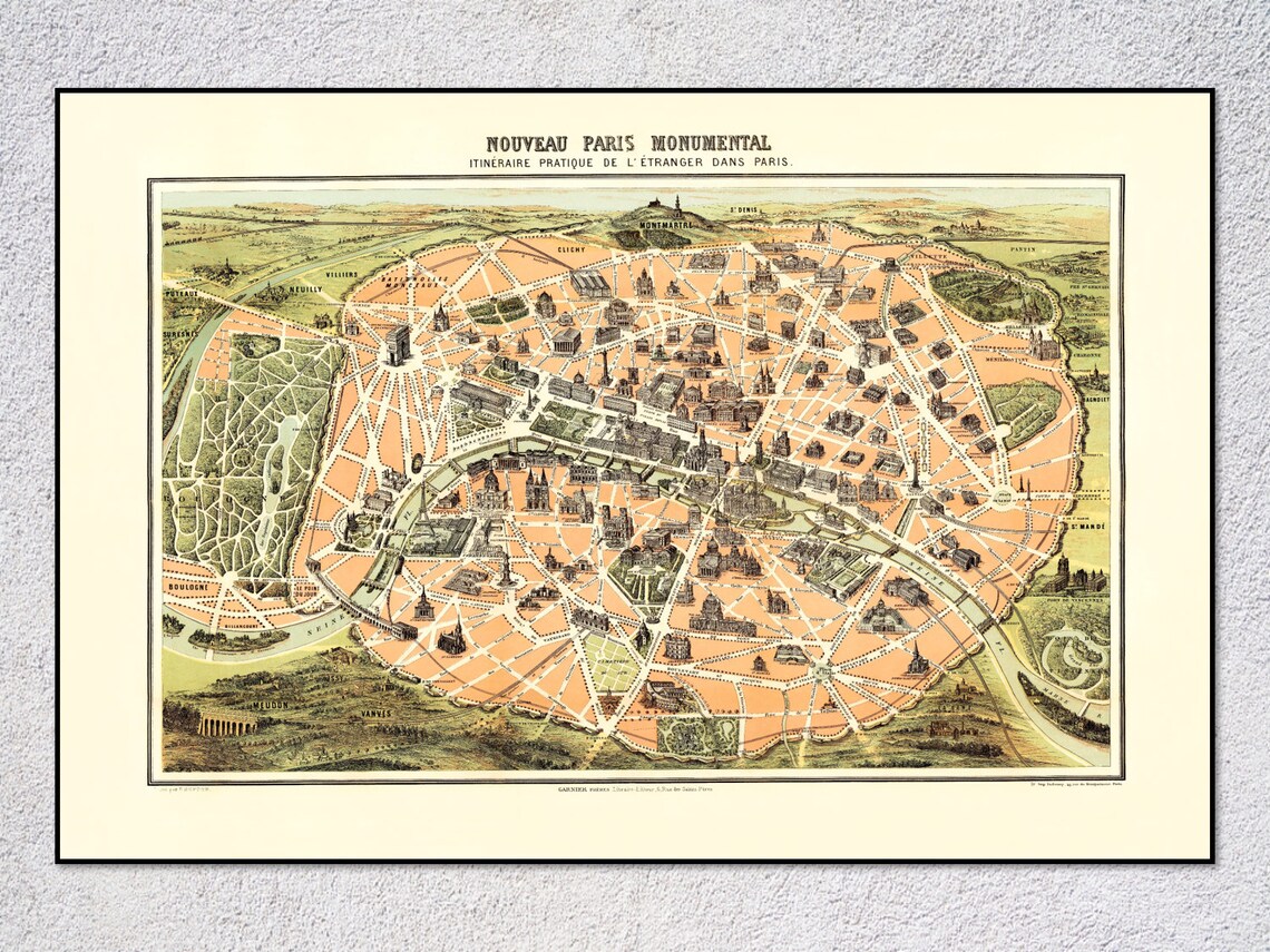 Nouveau Paris Monumental 1878 Bird's Eye View Antique City Map Poster