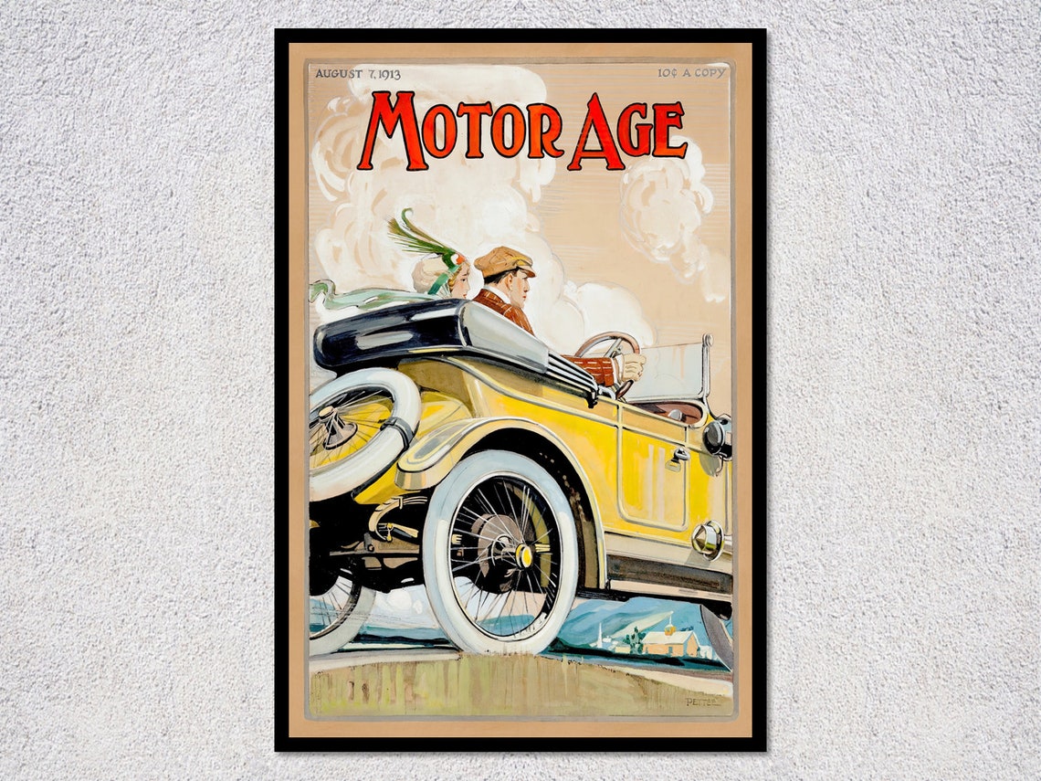 1913 Motor Age Magazine Cover Vintage Yellow Touring Car Art Poster