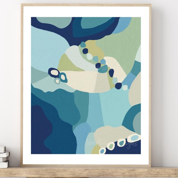 Blue Turquoise Organic Shapes Abstract Coastal Modern Art Print