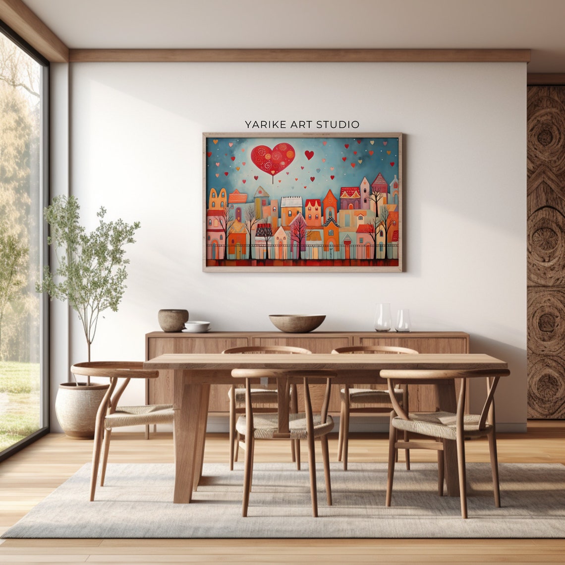 Whimsical Town Giant Heart Balloon Colorful Folk Art Love Poster - Image 2