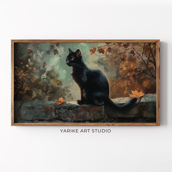Moody Autumn Painting Frame Tv Art Black Cat Tv Art Frame Thanksgiving Decor Living Room Tv Art 233
