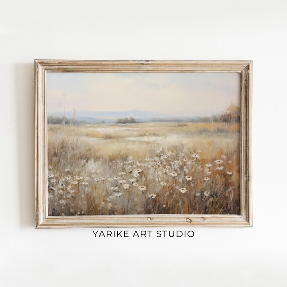 Wildflower Field White Daisies Golden Grass Mountain View Poster