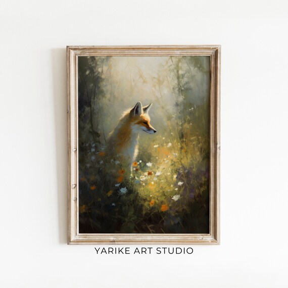 Red Fox in Wildflower Meadow Sunlit Woodland Animal Painting Poster