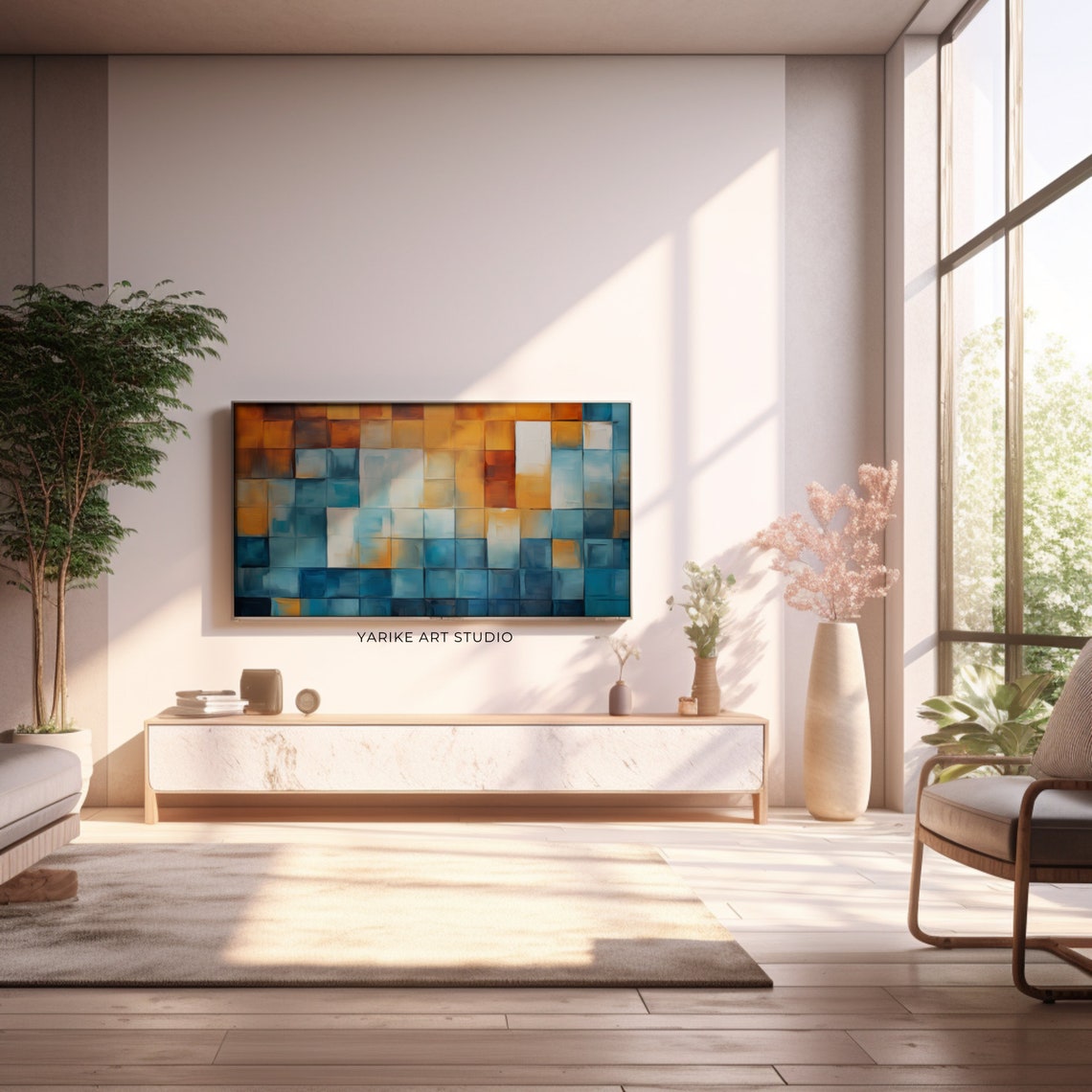 Blue and Orange Geometric Mosaic Squares Modern Abstract Beach Poster - Image 2