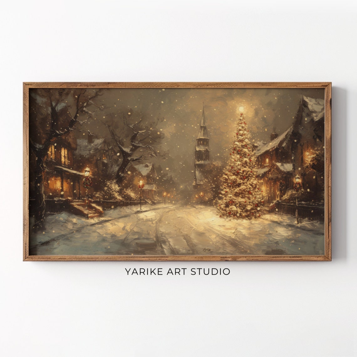 Vintage Winter Town Night Frame Tv Art Christmas Frame Tv Screensaver Warm Tone Holiday Winter Village Landscape Painting 88 Tv