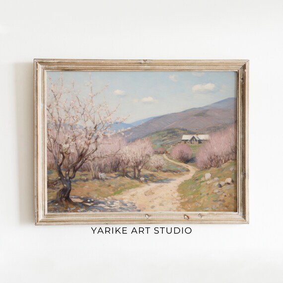 Country Path Through Blossoming Trees Leading to Farmhouse in Hills Poster