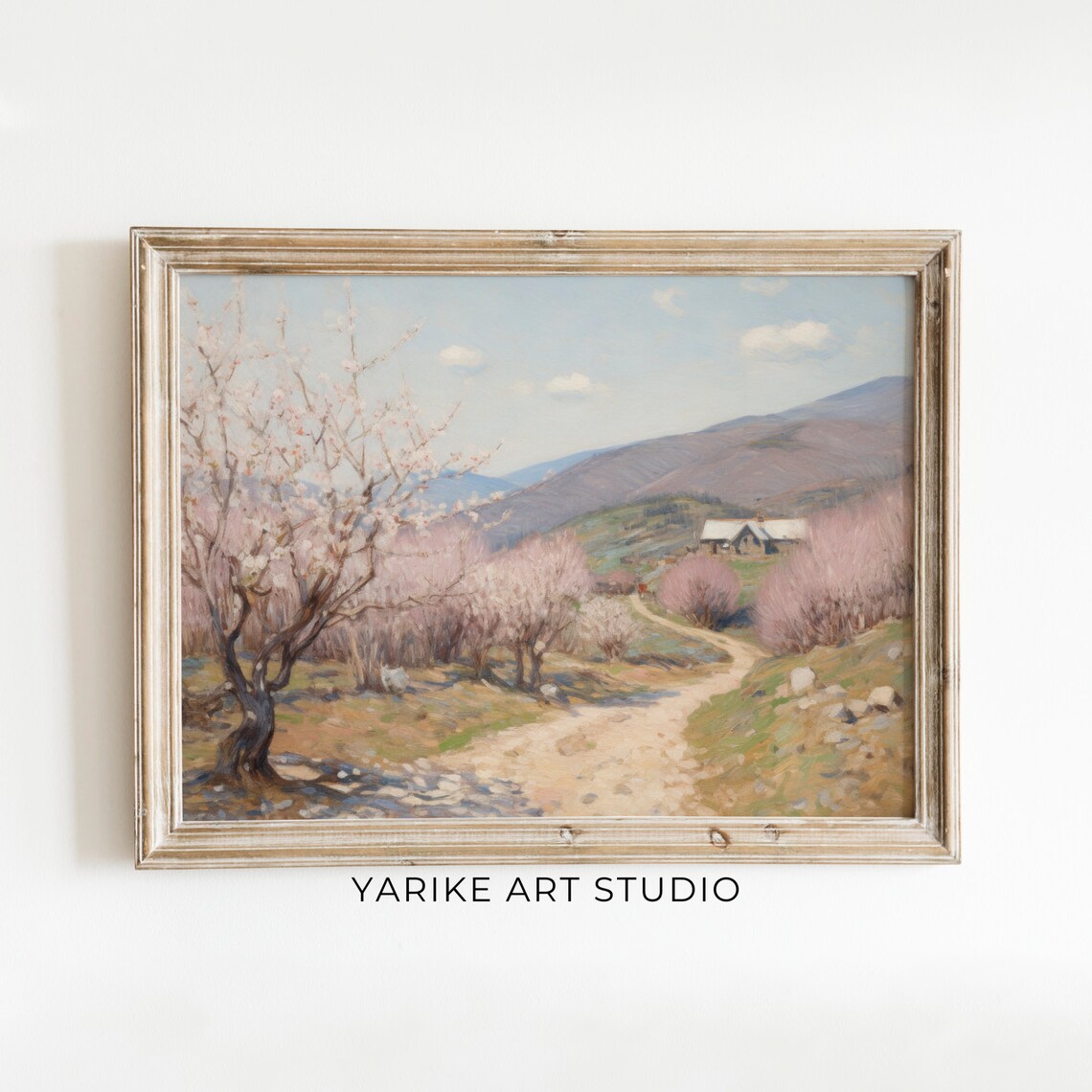 Country Path Through Blossoming Trees Leading to Farmhouse in Hills Poster