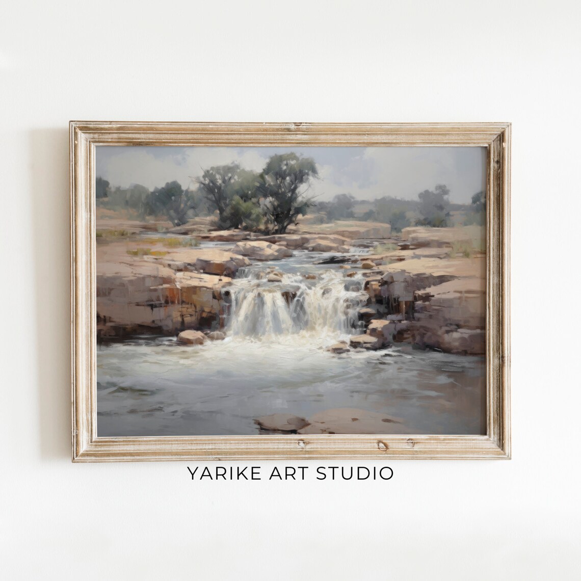 Rocky Waterfall Cascading River Moody Earth Tone Landscape Poster