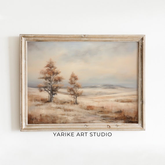 Rustic Countryside Landscape Print Vintage Moody Oil Painting Earth Tone Print Farmhouse Decor 521